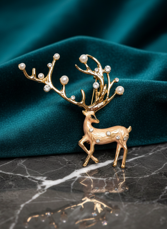 Crystal Pearl Deer Brooch