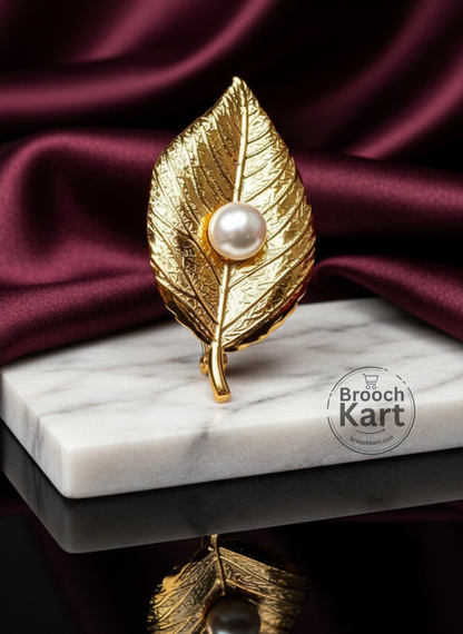 Golden Leaf Pearl Brooch