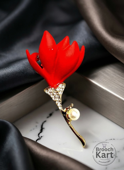 Red Flower Pearl Brooch