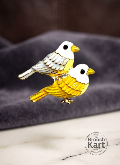 Twin Yellow Grey Birds Brooch