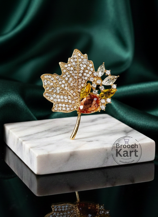 Crystal Stone Maple Leaf Brooch