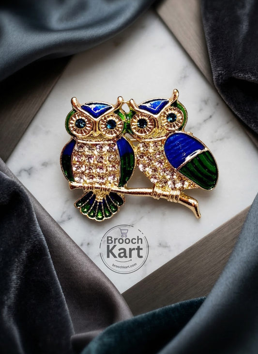 Twin Owls on a Branch Brooch