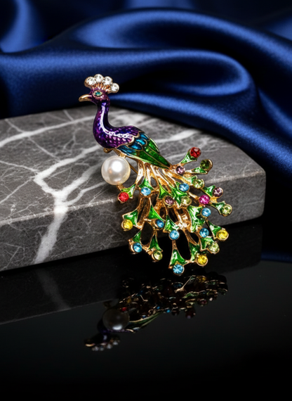 Crystal Pearl Peacock Brooch