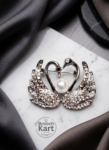 Twin Swan with Heart Brooch