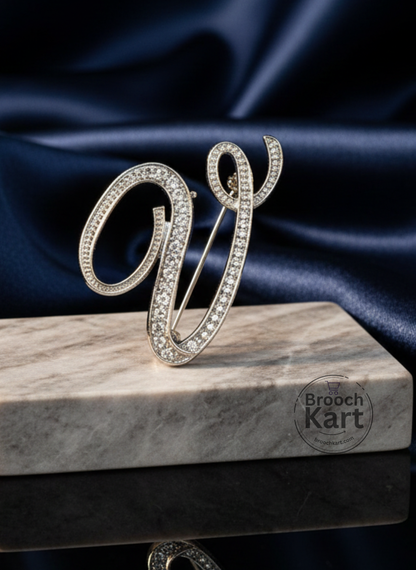 Crystal Silver Letters Brooch