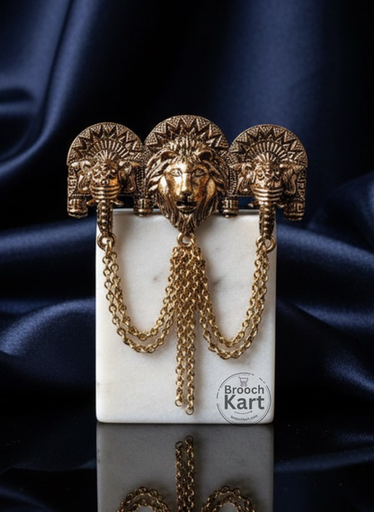 Twin Elephant and Lion Chain Brooch