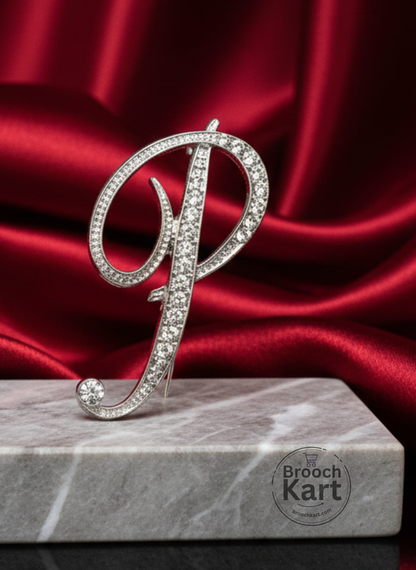 Crystal Silver Letters Brooch