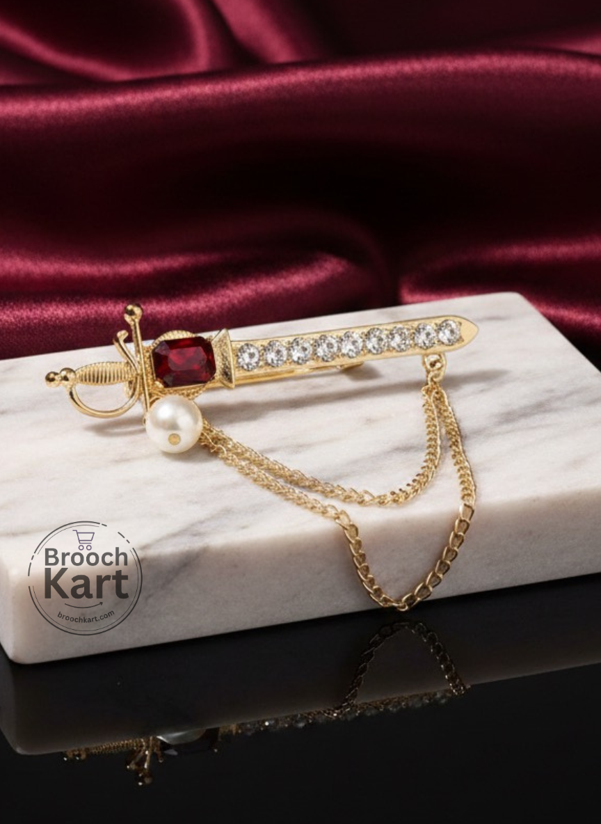 Red Stone Sword Chain Lapel Pin  Brooch