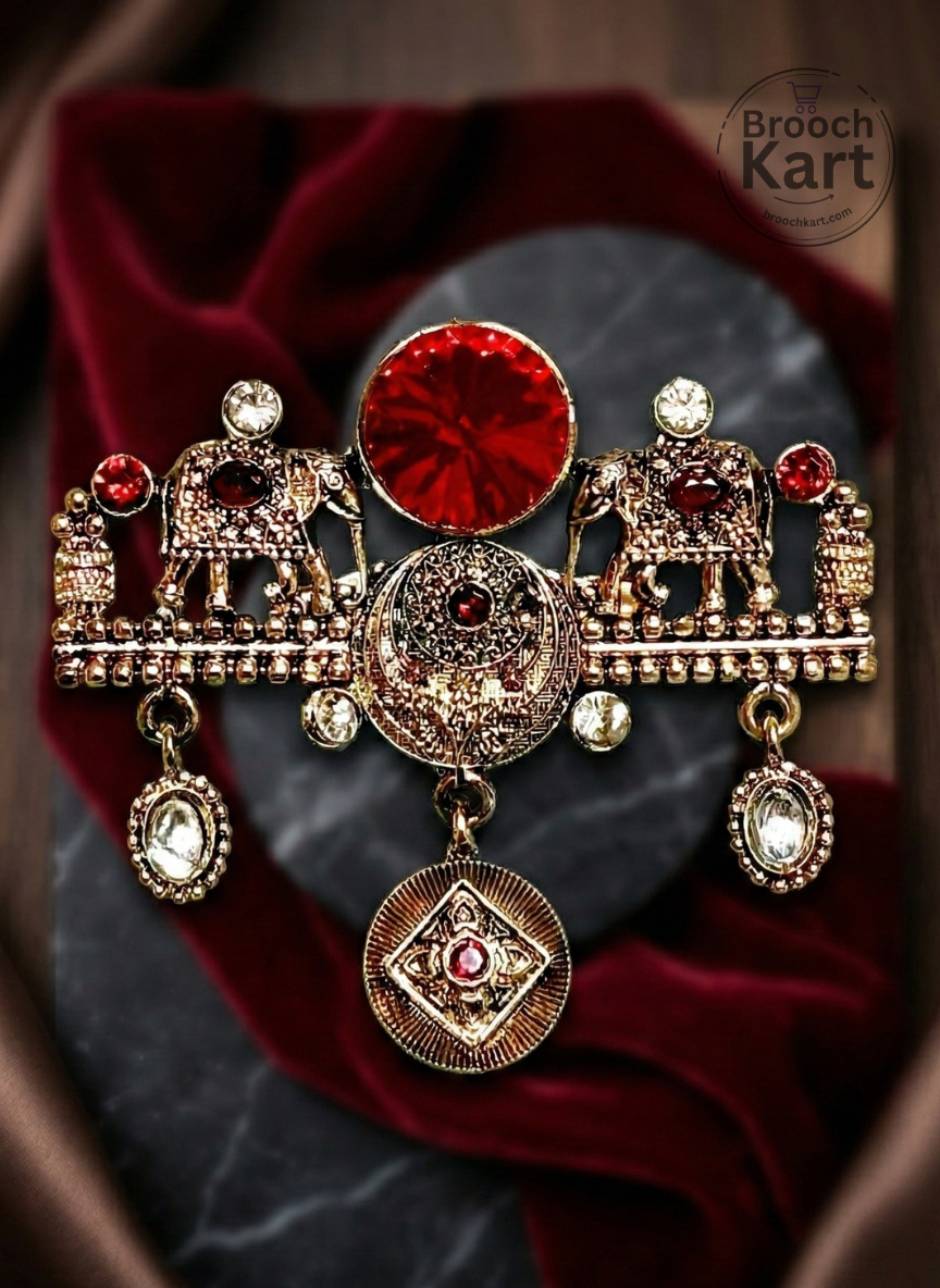 Twin Elephant Red Stone Brooch