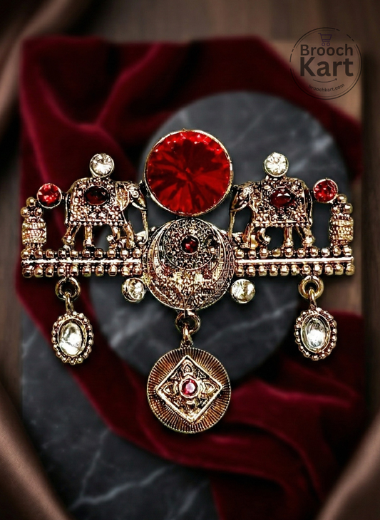 Twin Elephant Red Stone Brooch