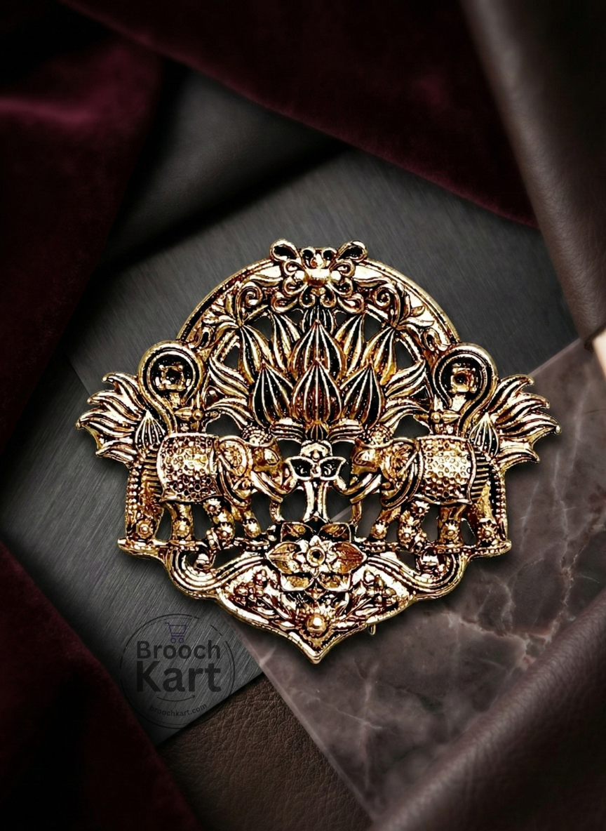 Twin Elephant Lotus Brooch