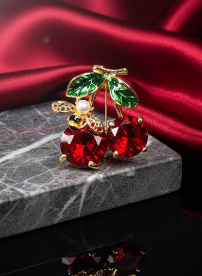 Red Crystal Cherry Bee Brooch