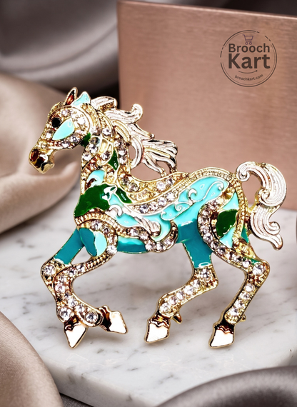Teal Crystal Horse Brooch