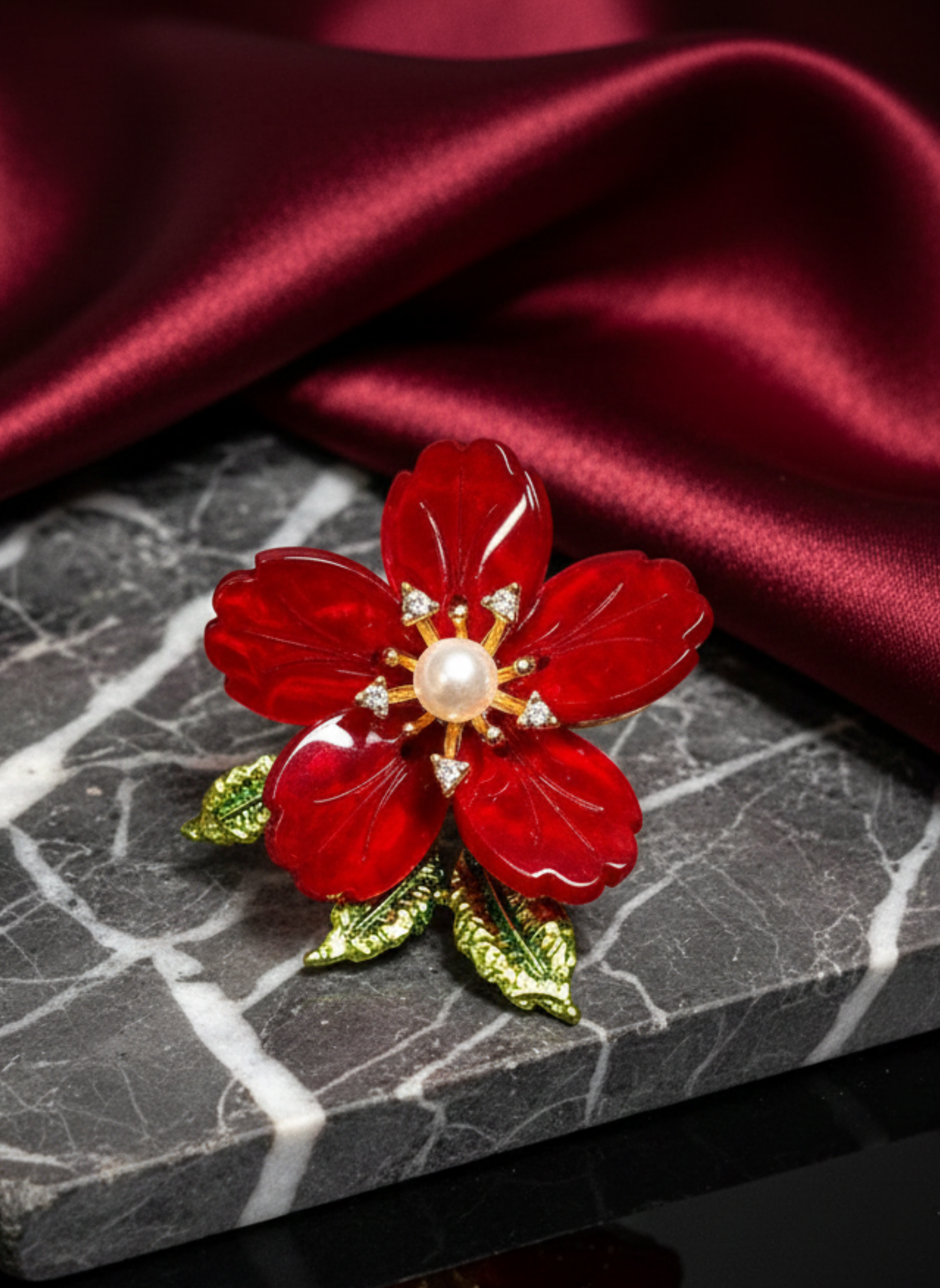 Red Hibiscus Pearl Brooch
